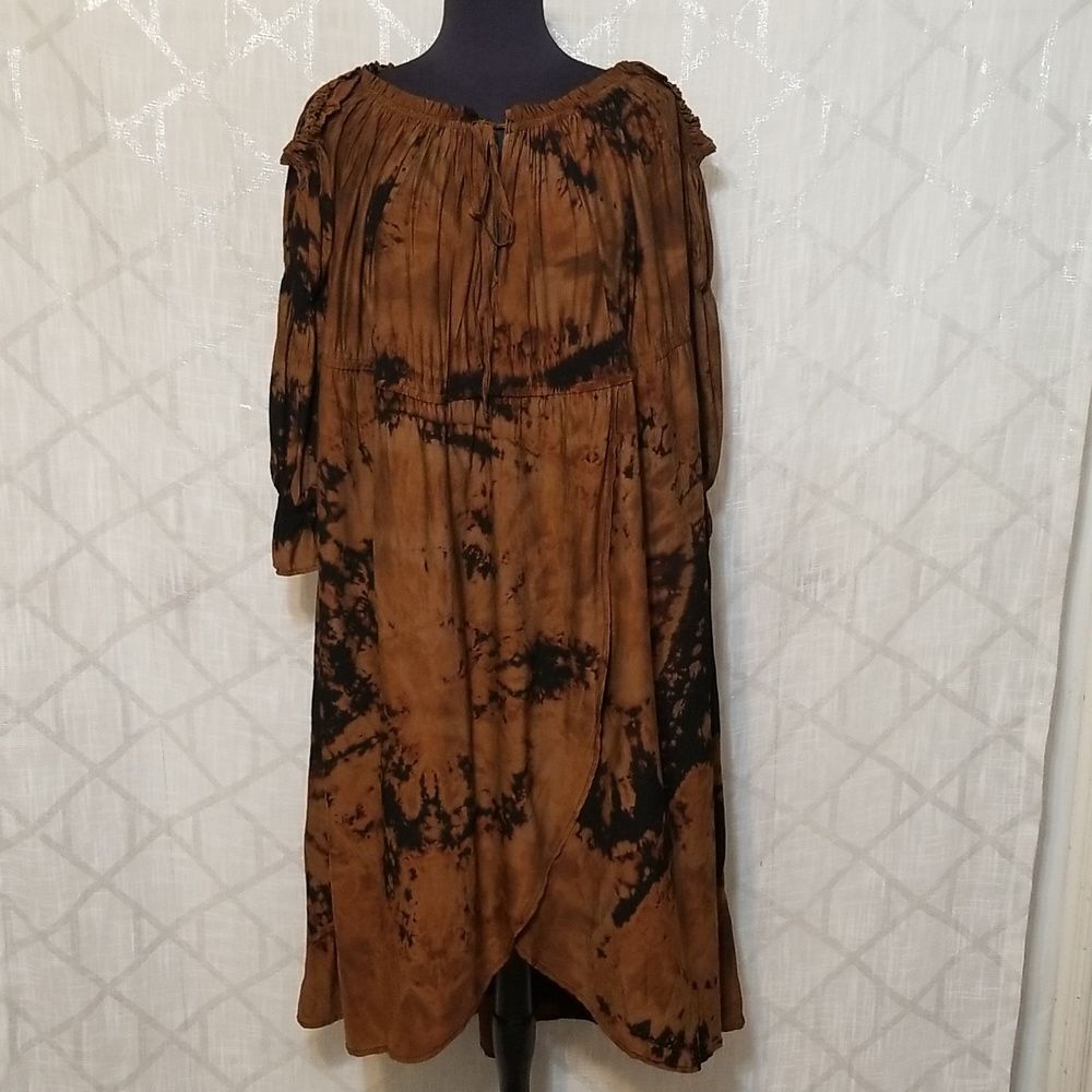 Womens Maxi Boho Dress Size XL Brown Black Artsy Balloon Bell Sleeve